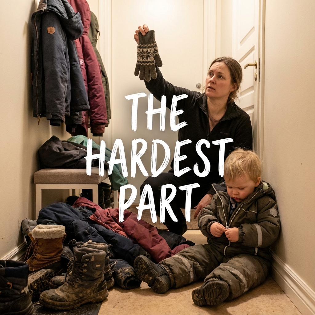 Chaotic hallway scene with winter coats and boots piled up, illustrating the struggle of getting a family outdoors