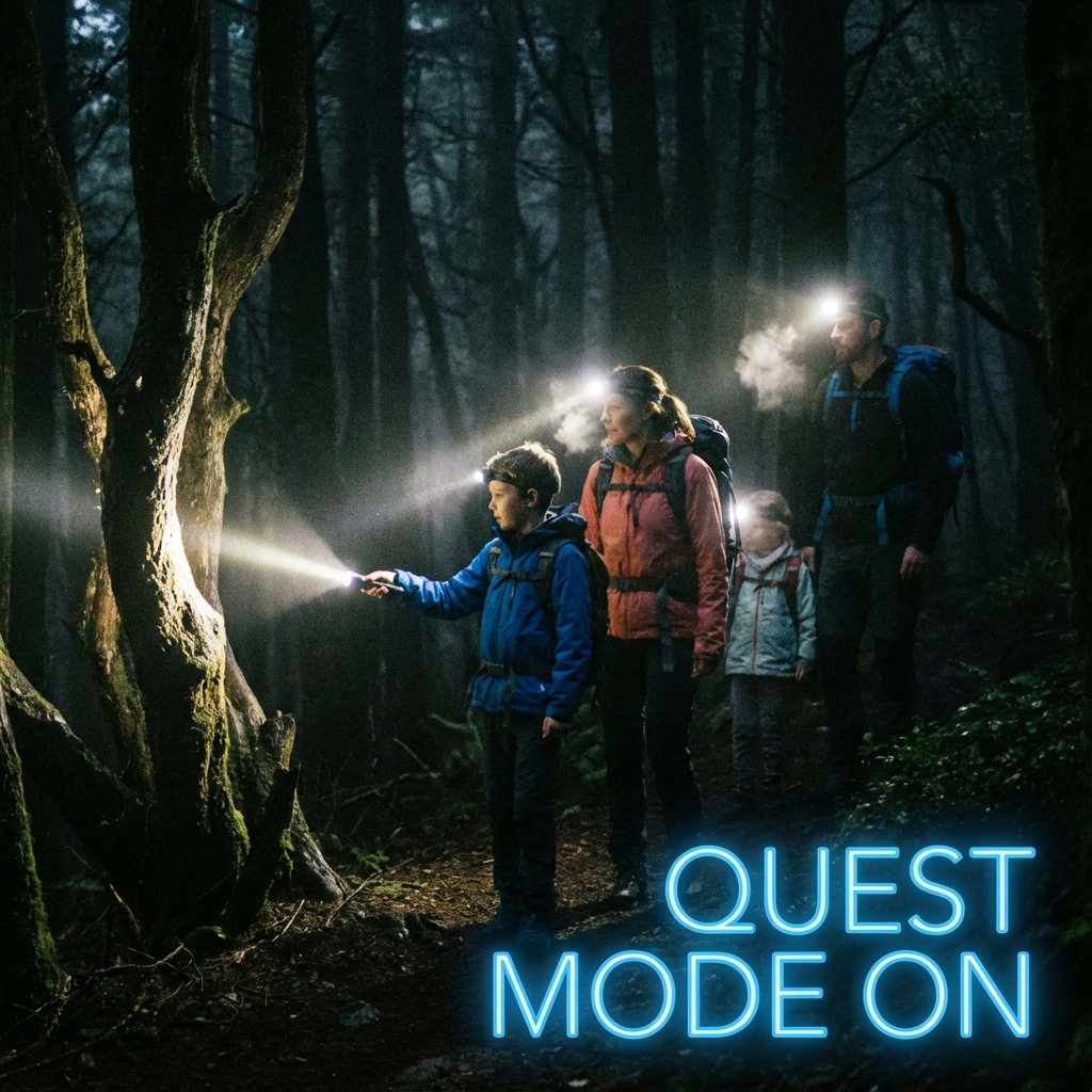 Family exploring a forest trail at night using flashlights, looking at a map