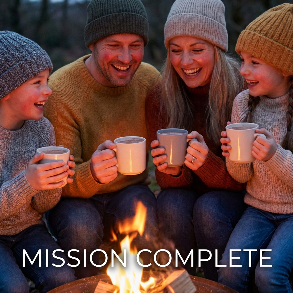 Family sitting around a small campfire toasting marshmallows, smiling and relaxed