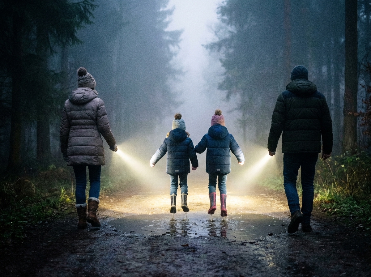 Familie bei einer Nachtwanderung im Wald mit Taschenlampen, neblig, winterliche Stimmung, authentisch und ungestellt