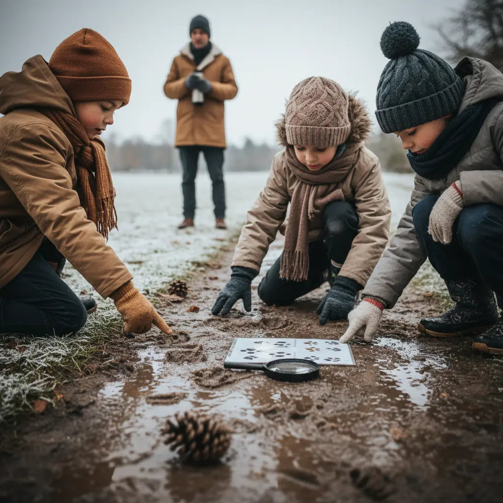 Kinder entdecken Tierspuren auf einer winterlichen Schnitzeljagd im Park