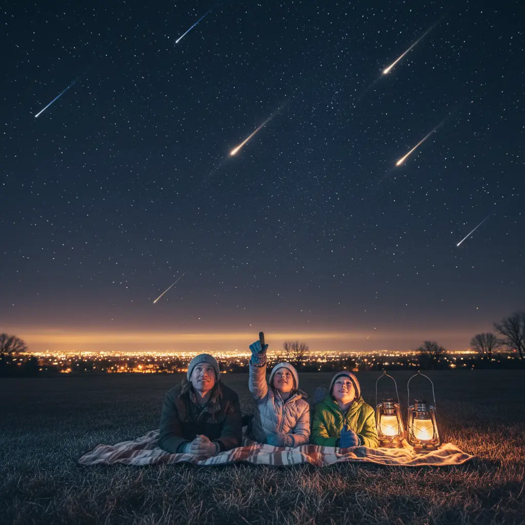 Familie blickt beim Sternschnuppen-Schauer in den winterlichen Nachthimmel; Geminiden im Dezember